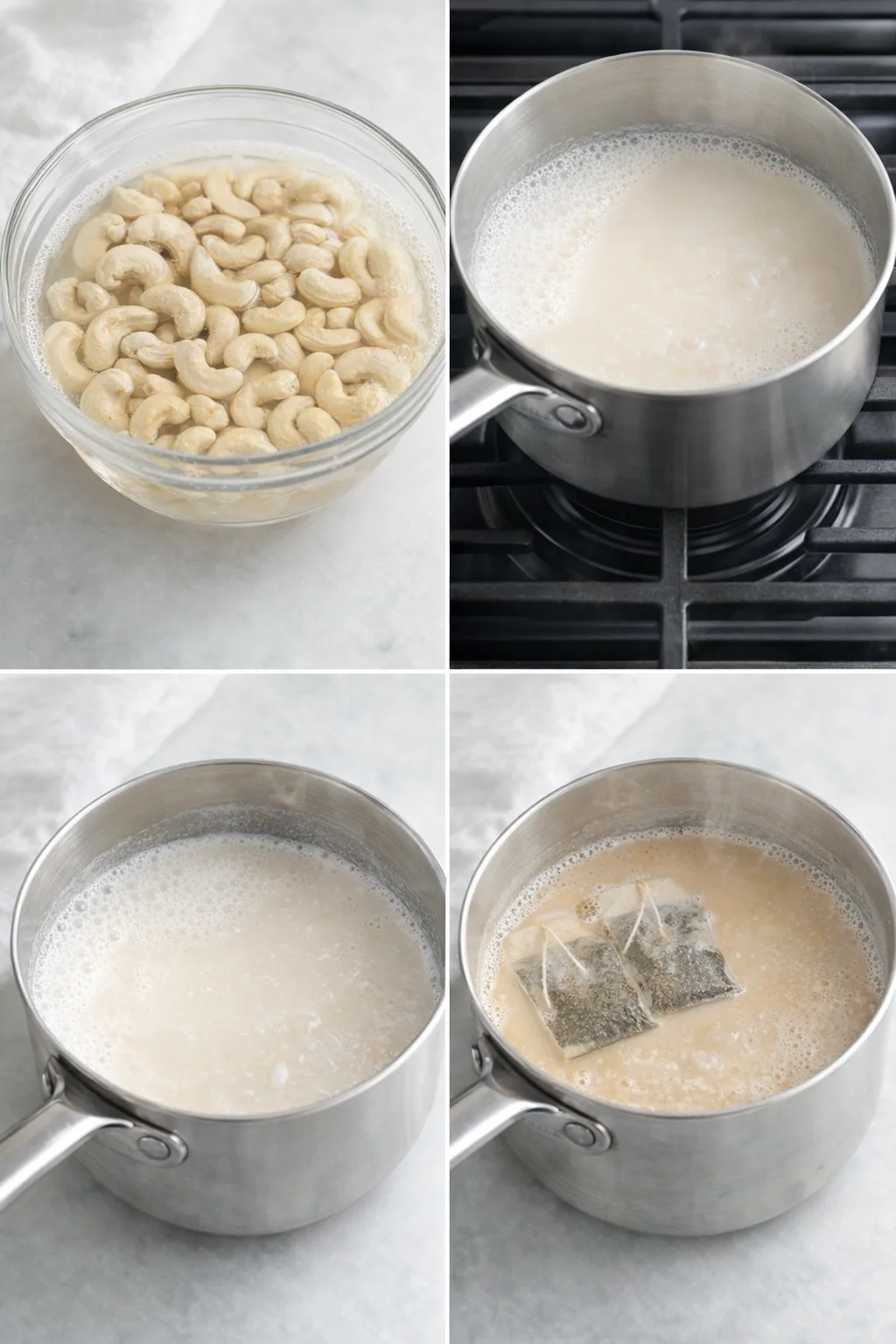step-process-placeholder-1-4.png Cashews soaking in bowl while a saucepan of hot plant milk steeps with Earl Grey tea bags.