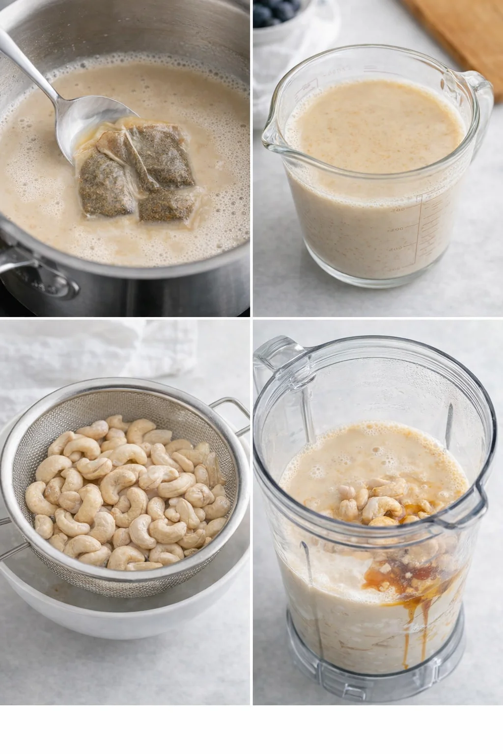 step-process-placeholder-5-8.png Spoon pressing tea bags in pan, drained cashews and coconut cream added to blender.
