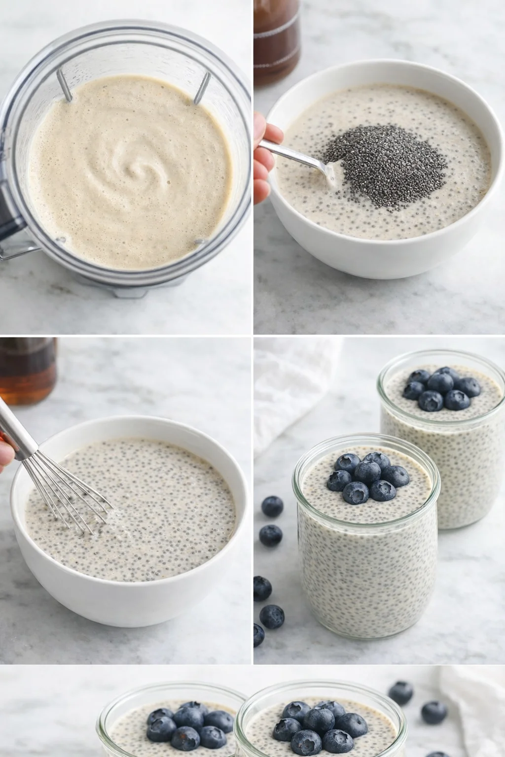 step-process-placeholder-9-12.png Creamy blended mixture poured into bowl, chia seeds stirred in, pudding divided into jars.
