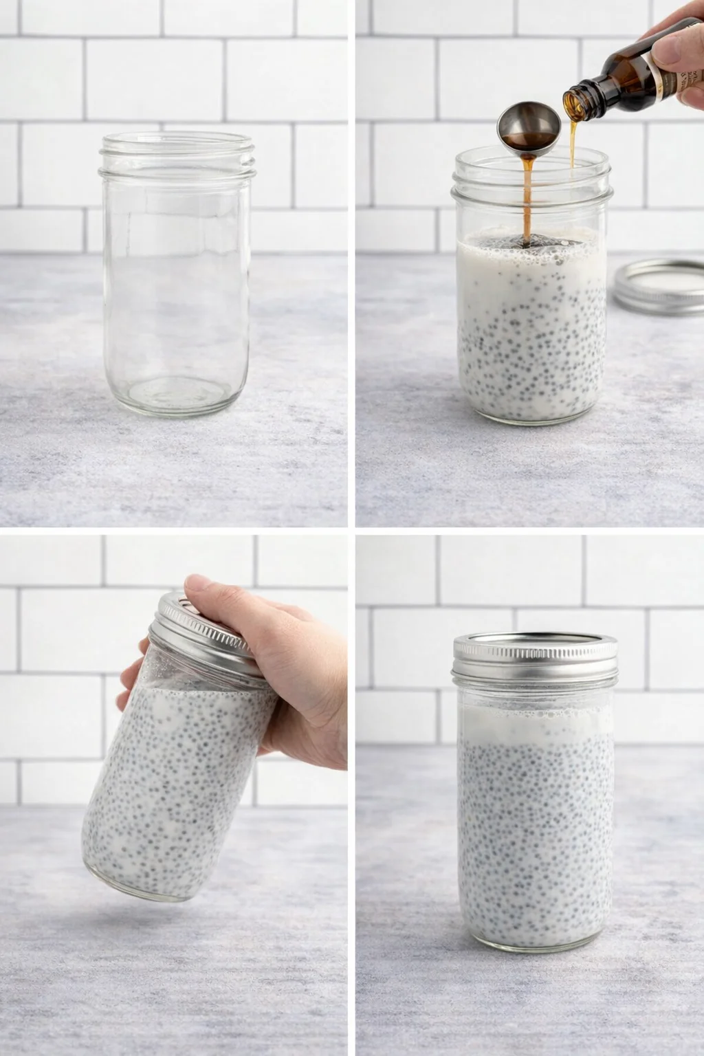 step-process-placeholder-1-4.png Sealed glass jar being vigorously shaken to evenly disperse chia seeds in milk.