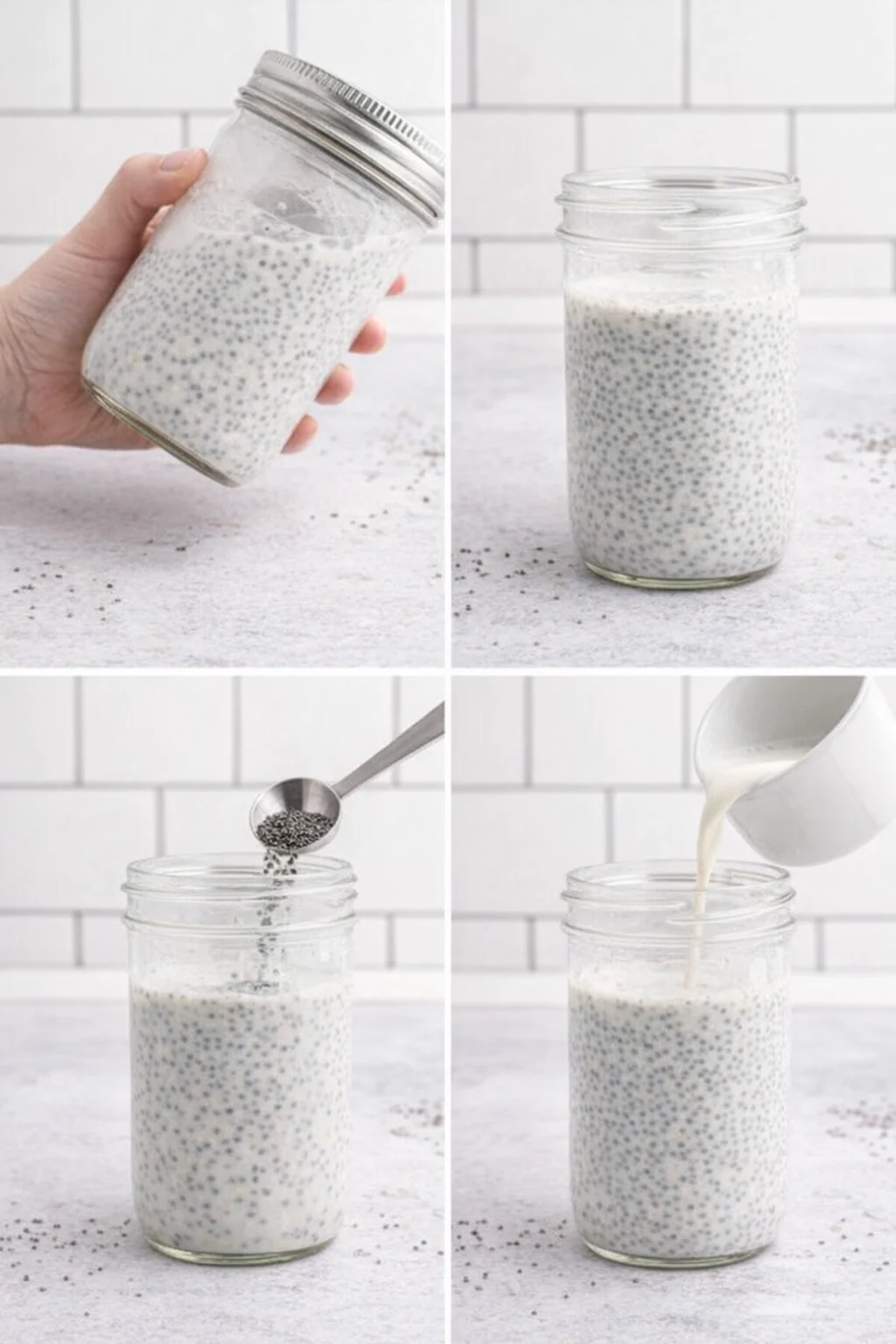 step-process-placeholder-5-8.png Spoon stirring settled chia lumps at the jar bottom to break up clumps.
