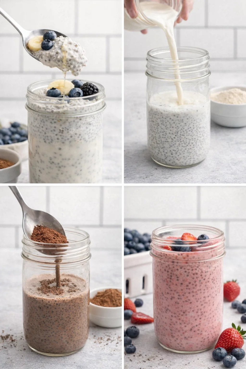 step-process-placeholder-9-12.png Spoon scooping creamy vanilla chia pudding into a bowl with fruit toppings nearby.