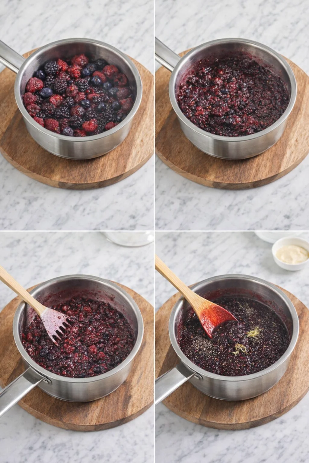 Small saucepan of simmering mashed berries with a spoon and chia seeds being stirred in.