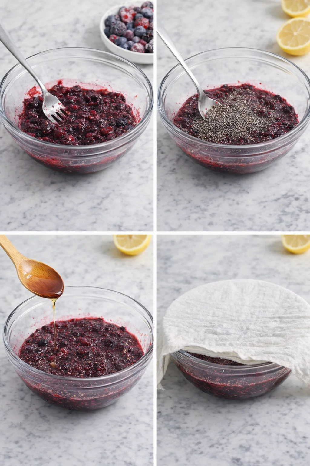 Glass bowl of mashed thawed berries mixed with chia seeds and sweetener, resting covered.