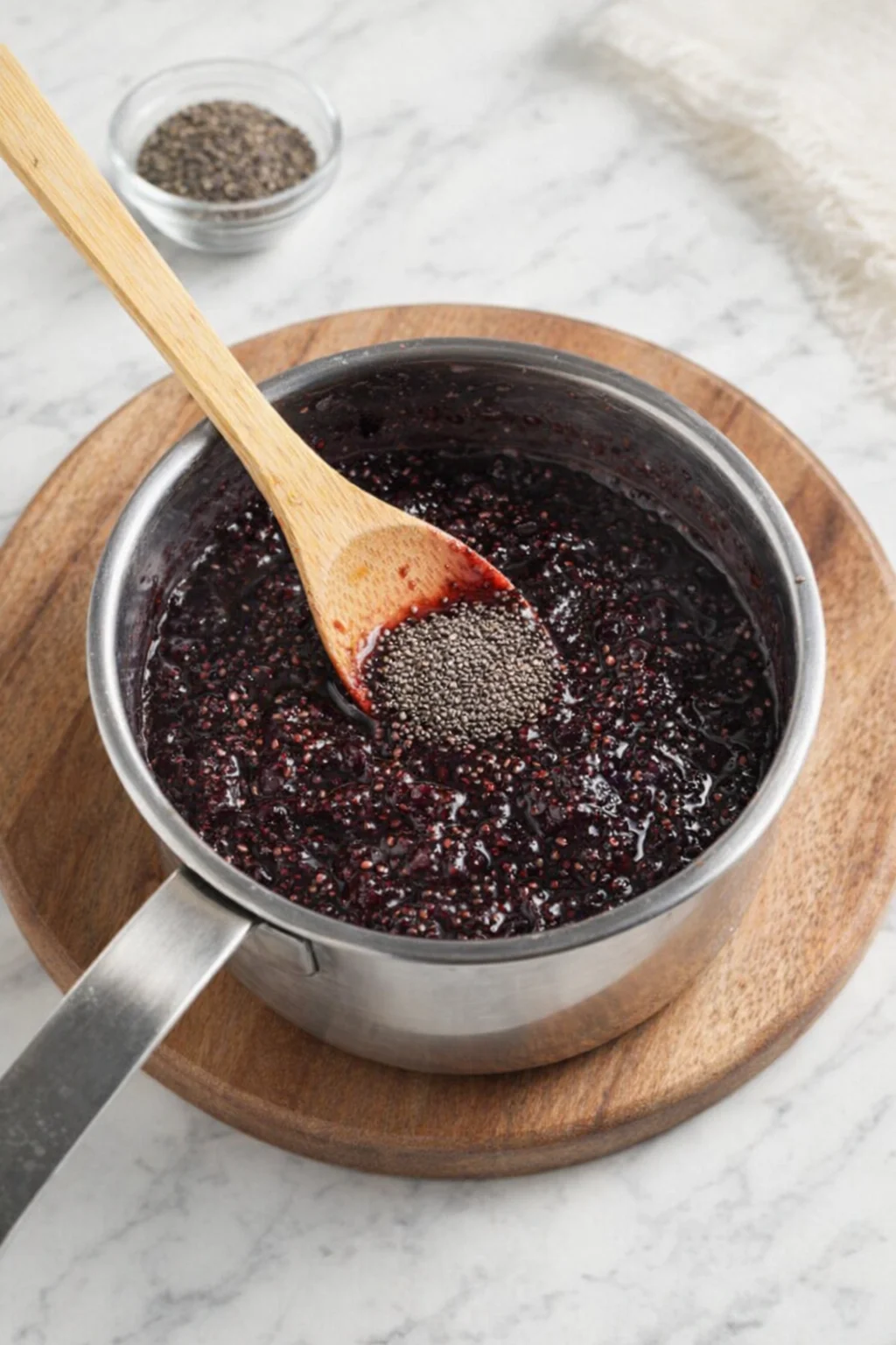 Spoon adding an extra teaspoon of chia seeds into a runny berry jam to thicken.