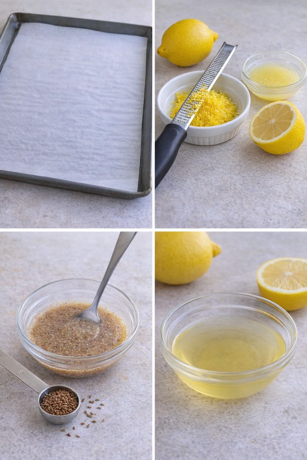 Baking sheet lined with parchment, lemon halves with zest, small flax bowl, melted coconut oil.