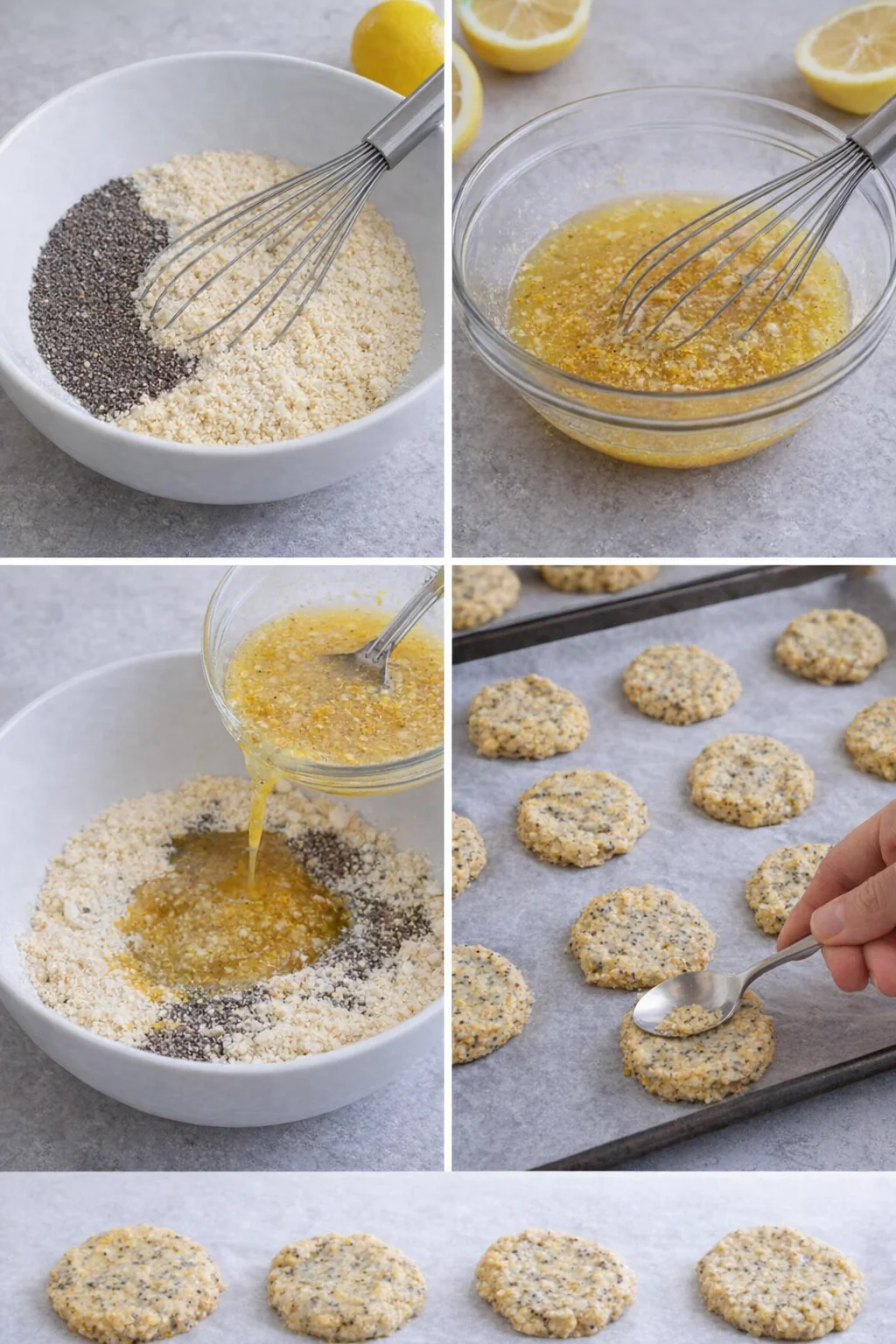 Two bowls showing dry flour mixture and beaten lemon and maple wet ingredients, scooping and pressing rounds onto parchment.