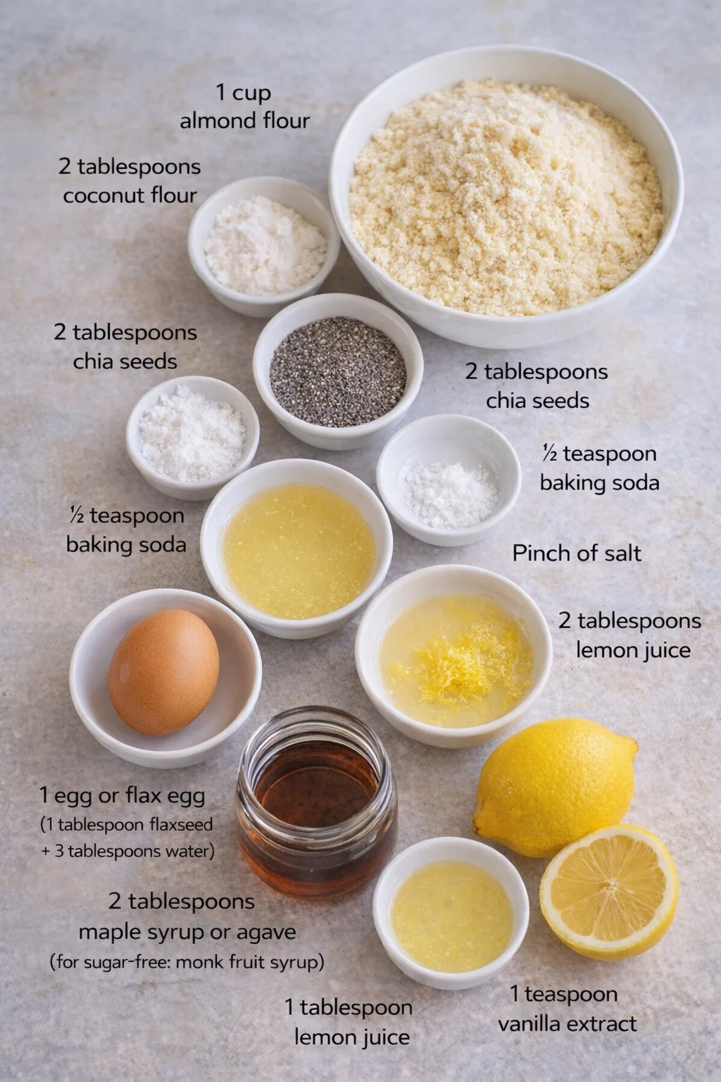 Measured ingredients arranged for Lemon Chia Breakfast Cookies: 1 cup almond flour, 2 tablespoons coconut flour, 2 tablespoons chia seeds, ½ teaspoon baking soda, Pinch of salt, 1 egg (or flax egg for vegan option: 1 tab
