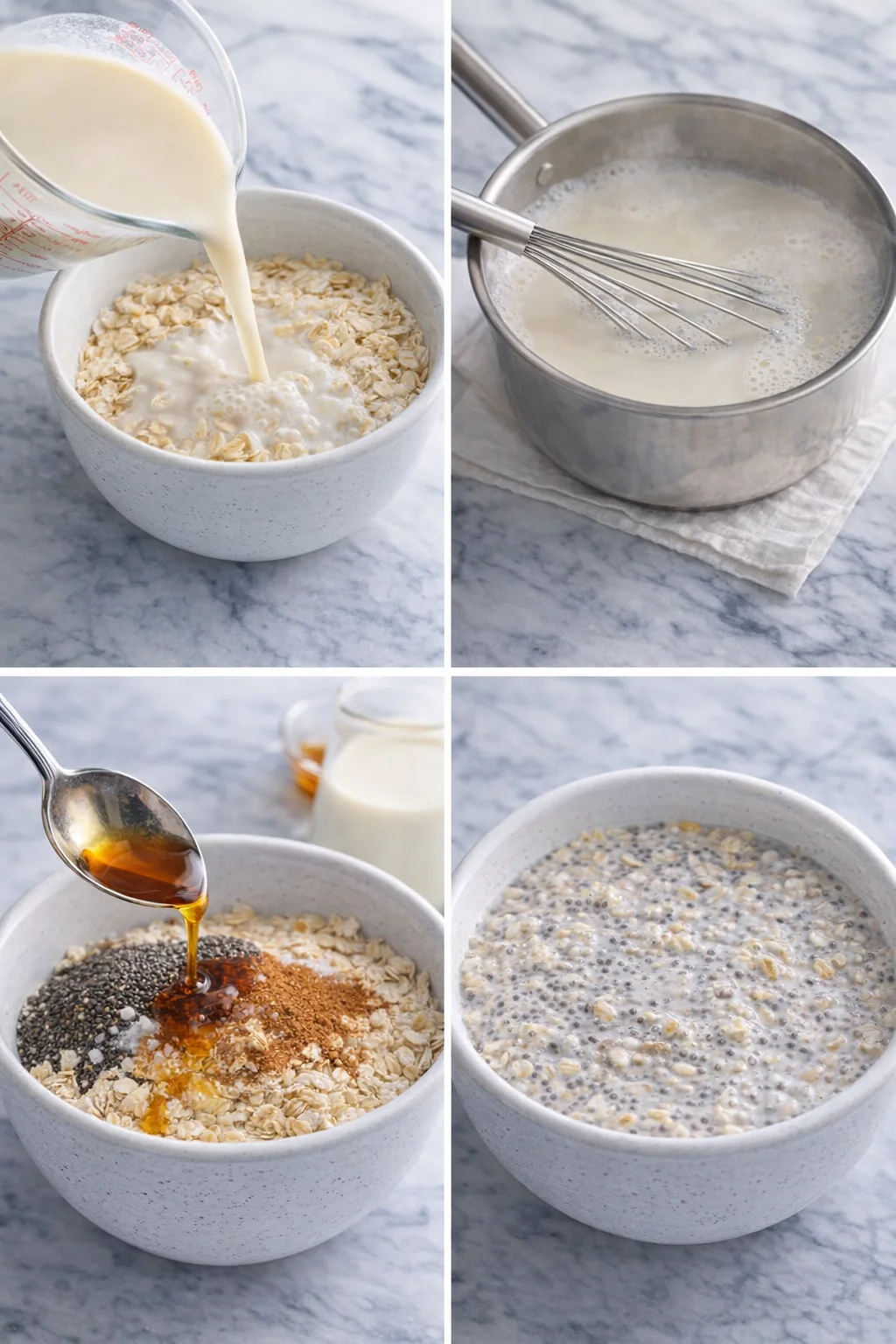 Mixing bowl with rolled oats, chia seeds, maple syrup, vanilla, and oat milk being stirred