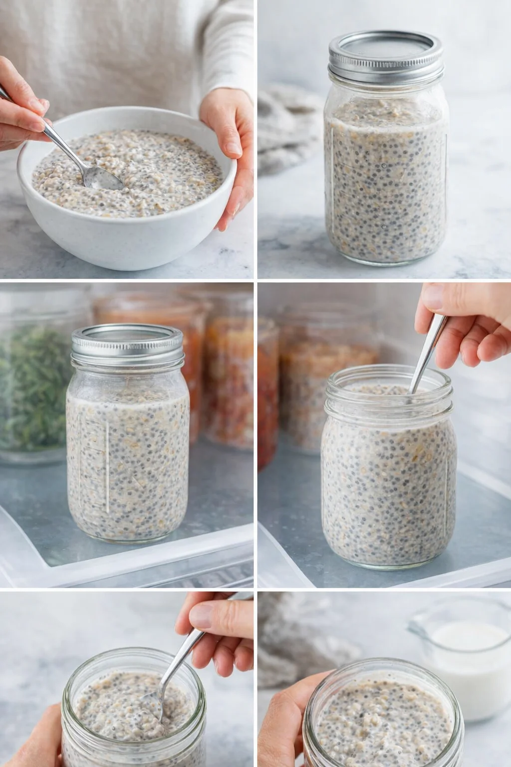 Spoon stirring thickened overnight oats in glass jar, lid beside it, fridge-ready