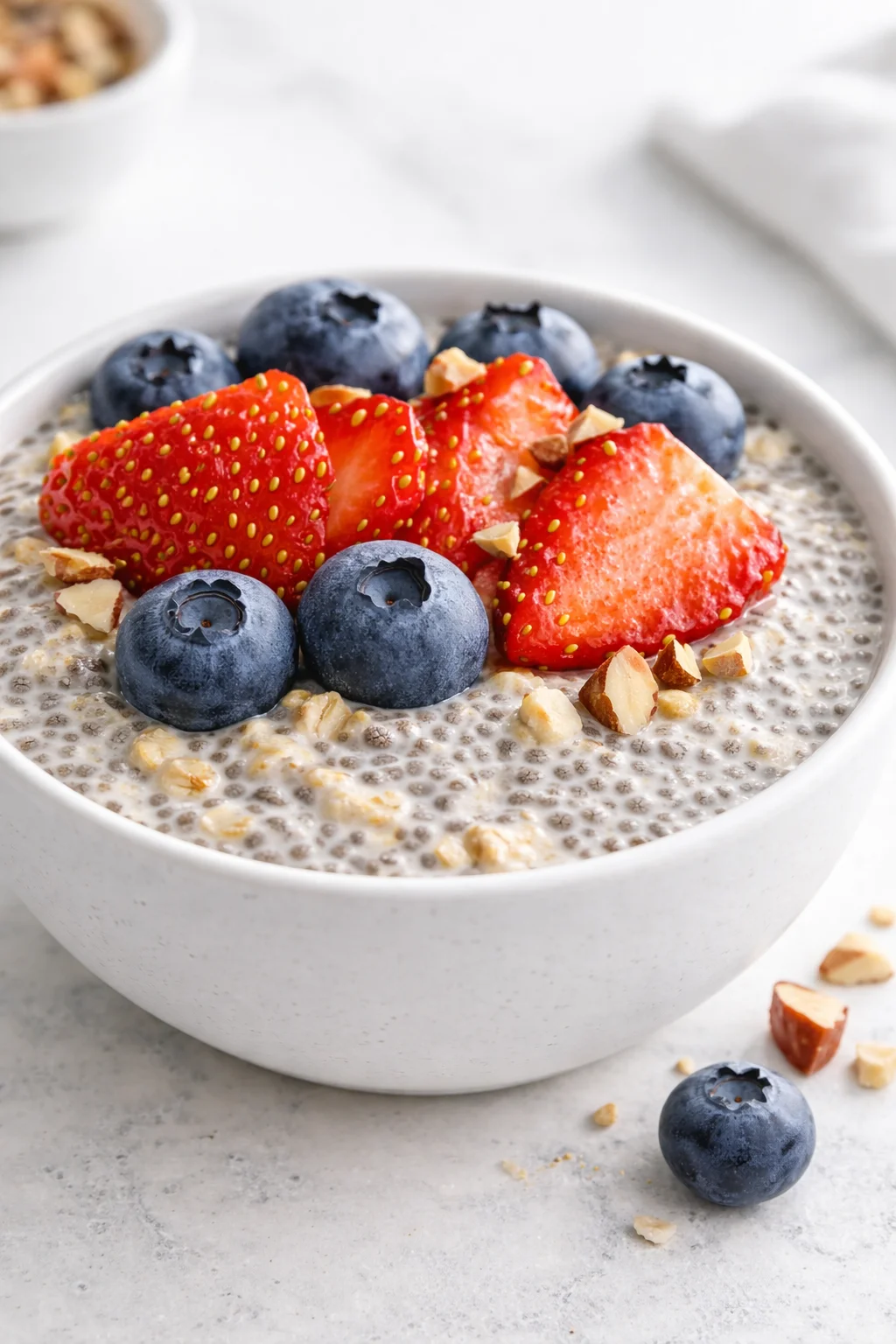 Final plated Healthy Overnight Oats and Chia Seed Pudding served as a hero shot