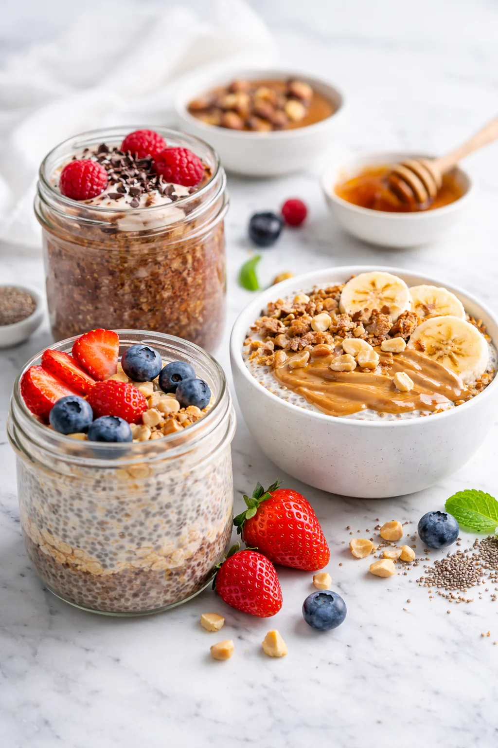 Variation ideas for Healthy Overnight Oats and Chia Seed Pudding shown in a styled layout