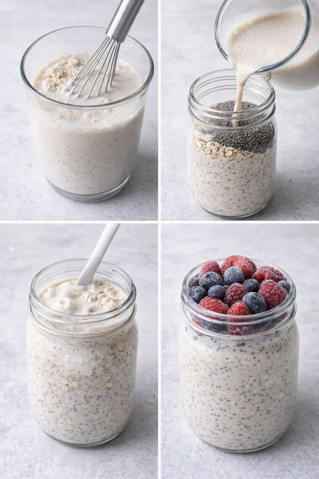 Whisking protein into milk beside jar containing oats and chia, yogurt being poured, frozen berries on top.