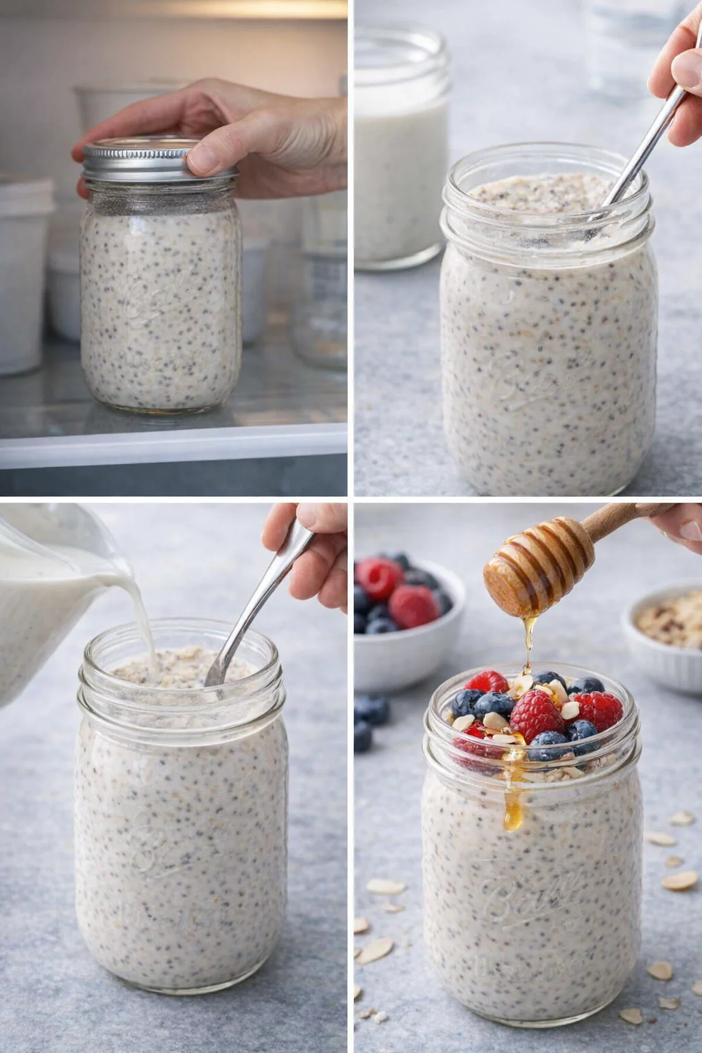 Sealed overnight jar in fridge, then spoon stirring oats with splash of milk, topped with berries and drizzle.