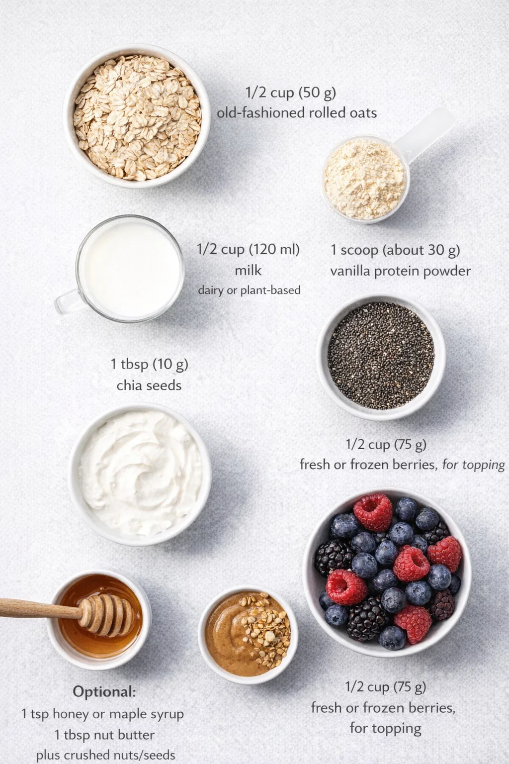 Measured ingredients arranged for High Protein Overnight Oats with Chia: 1/2 cup (50 g) old-fashioned rolled oats (or quick oats for a softer bite), 1 scoop (about 30 g) vanilla protein powder, 1 tbsp (10 g) chia seeds, 