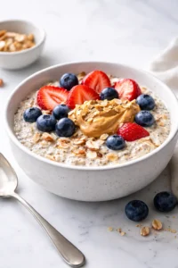 Final plated High Protein Overnight Oats with Chia served as a hero shot