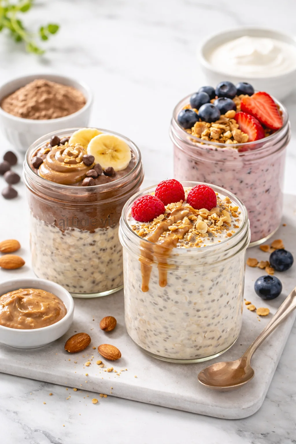Variation ideas for High Protein Overnight Oats with Chia shown in a styled layout