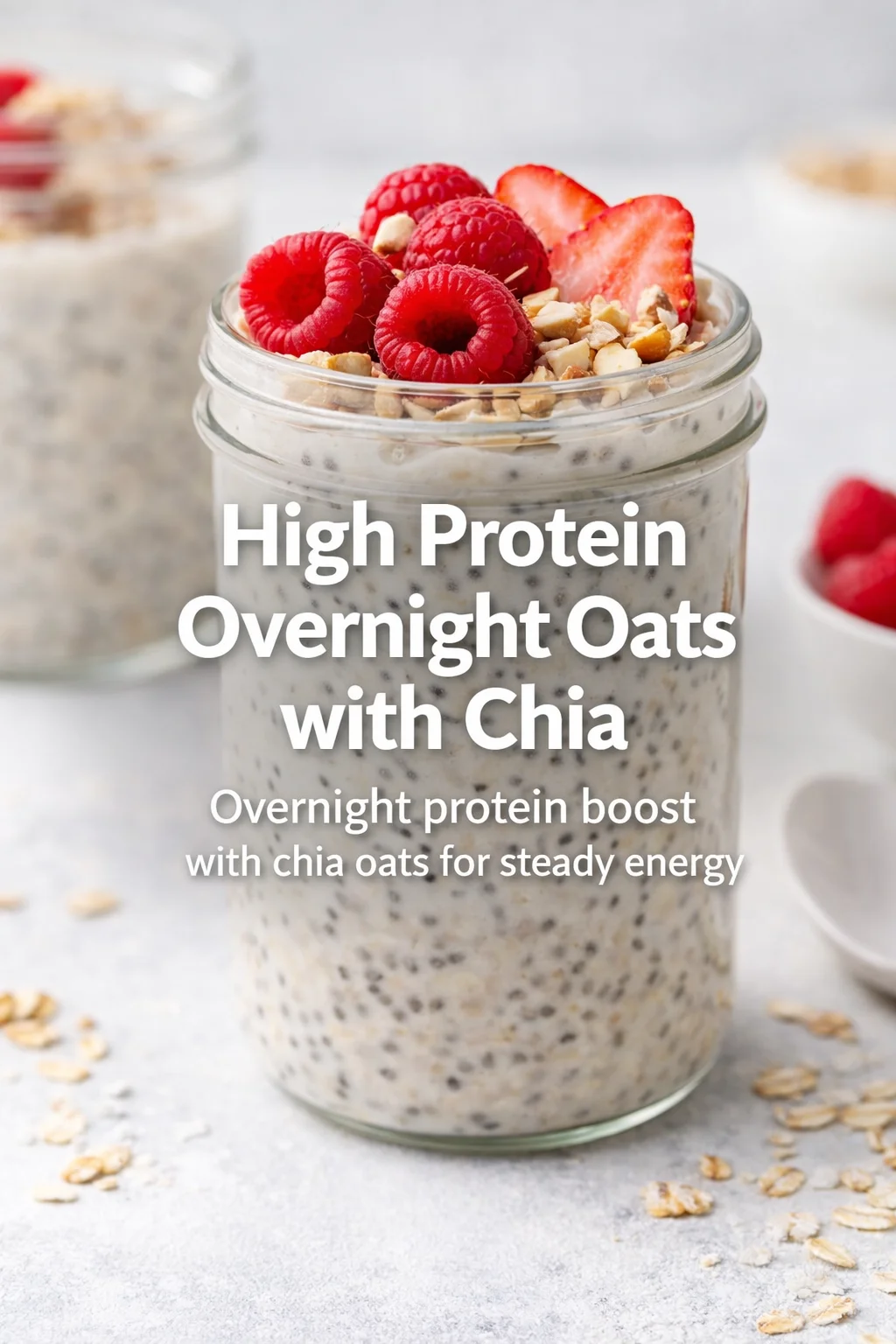 Pinterest-style image for High Protein Overnight Oats with Chia with centered text overlay