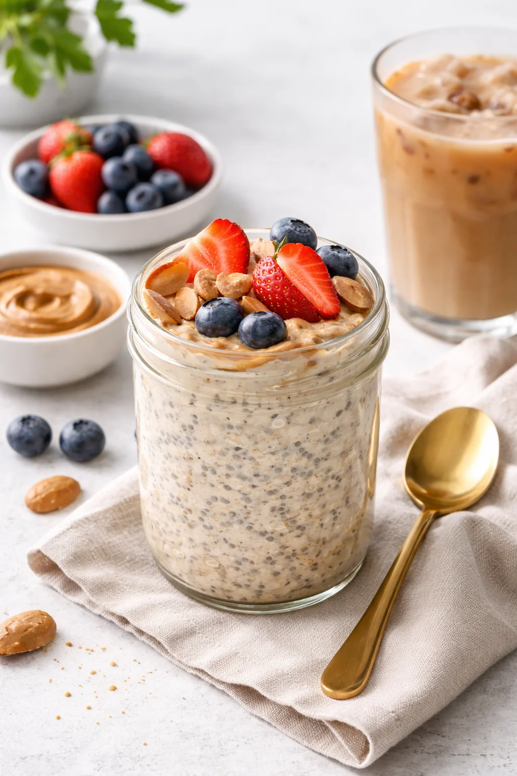 Alternative angle of High Protein Overnight Oats with Chia served with a pairing