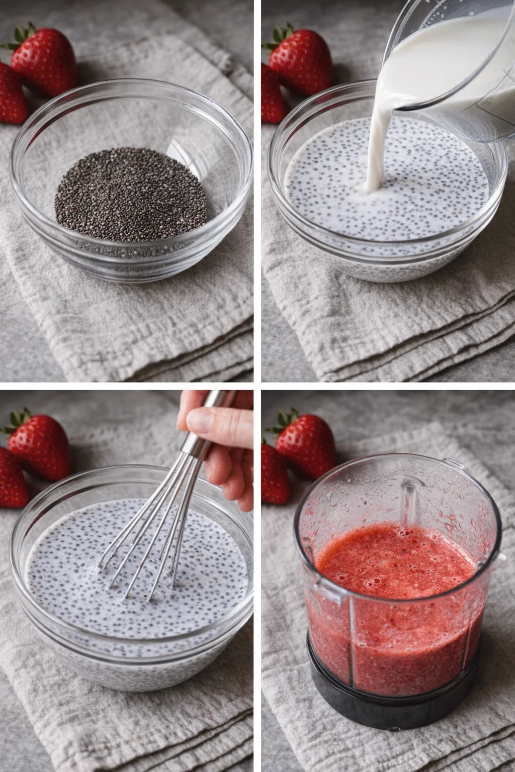 Chia seeds in a jar with milk being whisked, plus a small container of pureed strawberries