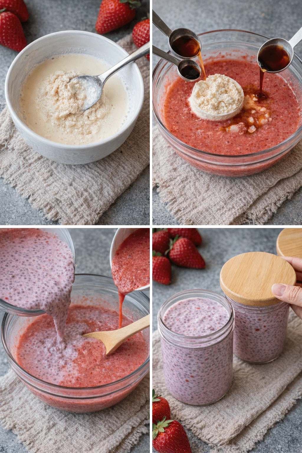 Protein powder blended into a smooth paste, mixed into strawberry-chia mixture, then poured into jars and sealed