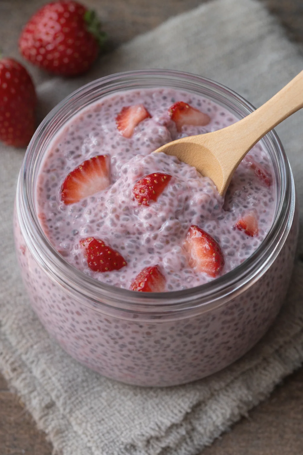 Sealed jars chilling in the refrigerator to thicken, then a spoon stirring the set pudding before serving