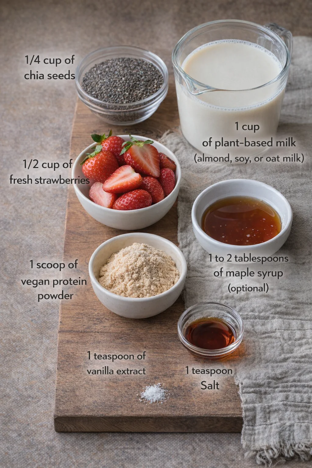 Measured ingredients arranged for High-Protein Strawberry Chia Seed Pudding: 1/4 cup of chia seeds, 1 cup of plant-based milk (almond, soy, or oat milk), 1/2 cup of fresh strawberries, 1 scoop of vegan protein powder, 1 
