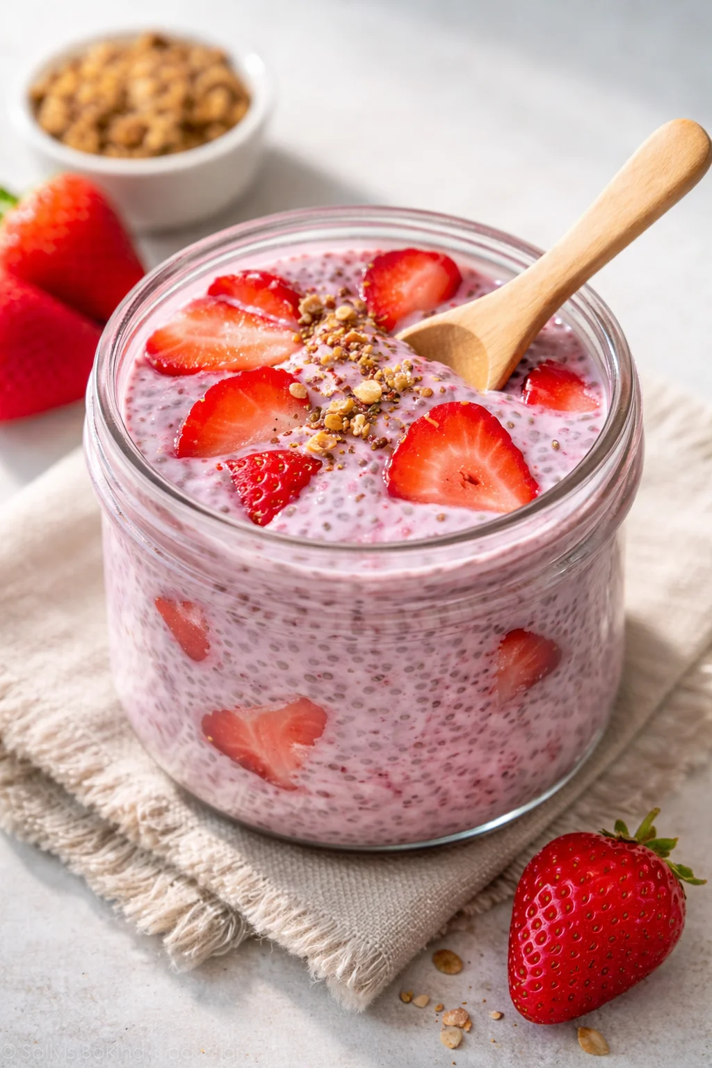 Final plated High-Protein Strawberry Chia Seed Pudding served as a hero shot