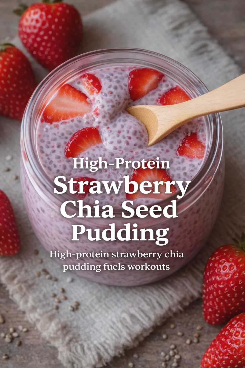 Pinterest-style image for High-Protein Strawberry Chia Seed Pudding with centered text overlay