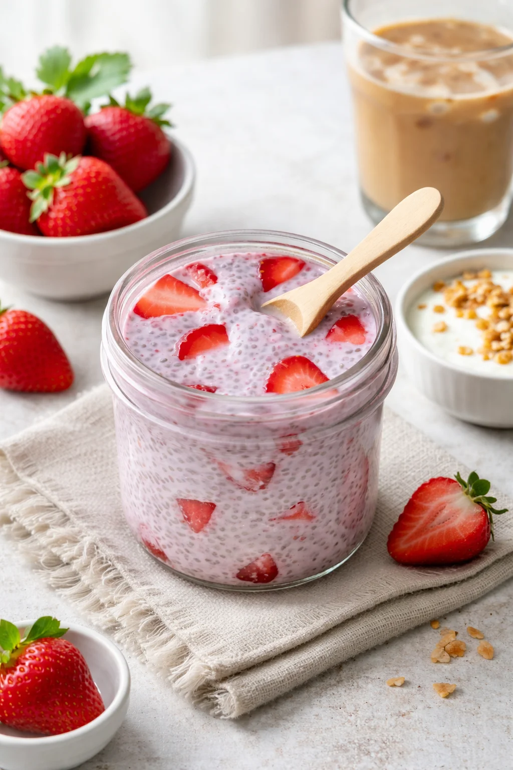 Alternative angle of High-Protein Strawberry Chia Seed Pudding served with a pairing