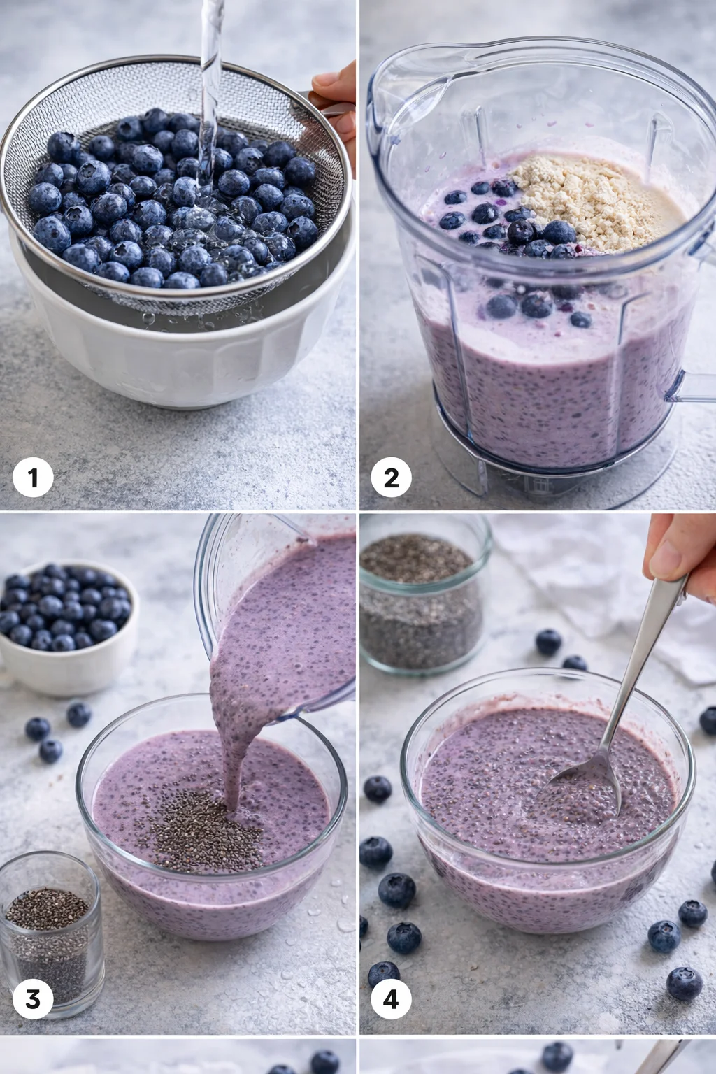 Hand pouring vibrant purple blueberry mixture into jars while tiny chia seeds are stirred in