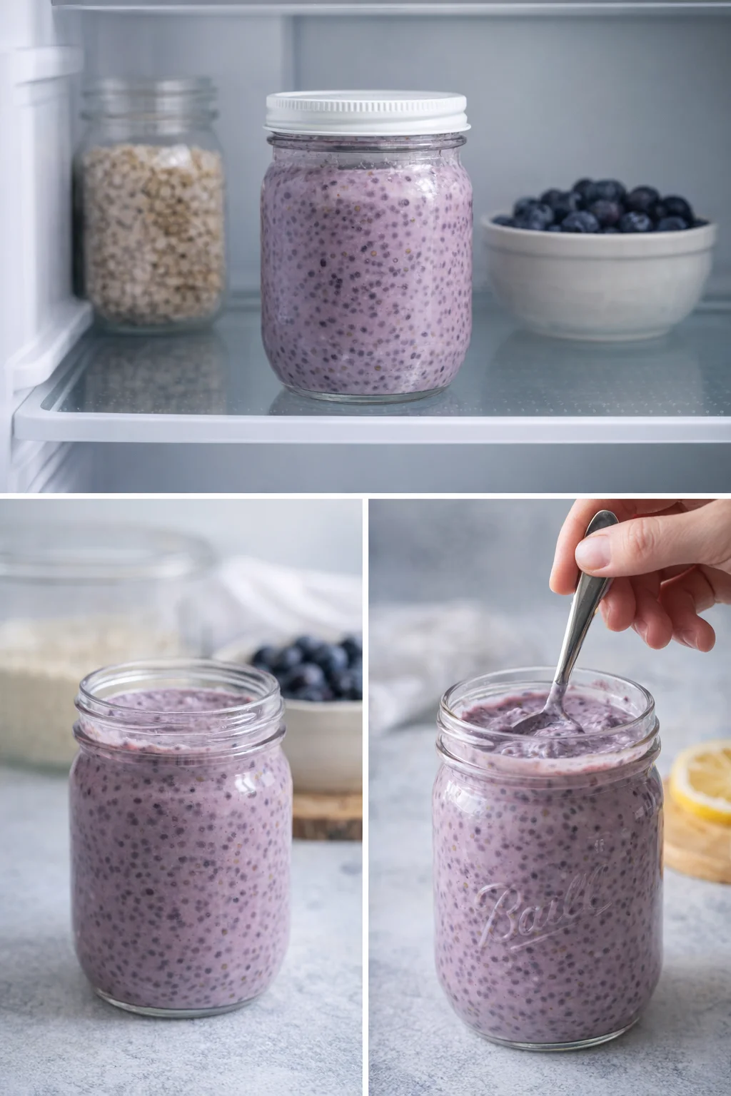 Spoon stirring thick, chilled blueberry chia pudding in a jar, showing creamy, set texture