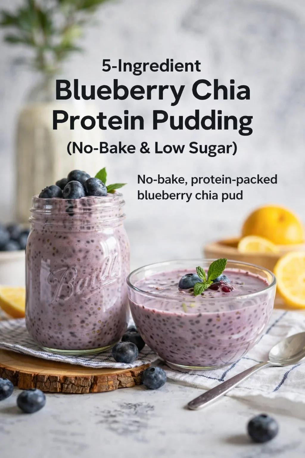 Pinterest-style image for 5-Ingredient Blueberry Chia Protein Pudding (No-Bake & Low Sugar) with centered text overlay