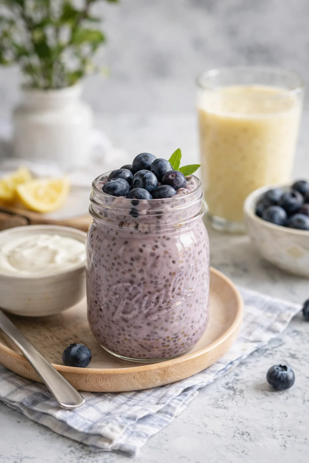Alternative angle of 5-Ingredient Blueberry Chia Protein Pudding (No-Bake & Low Sugar) served with a pairing