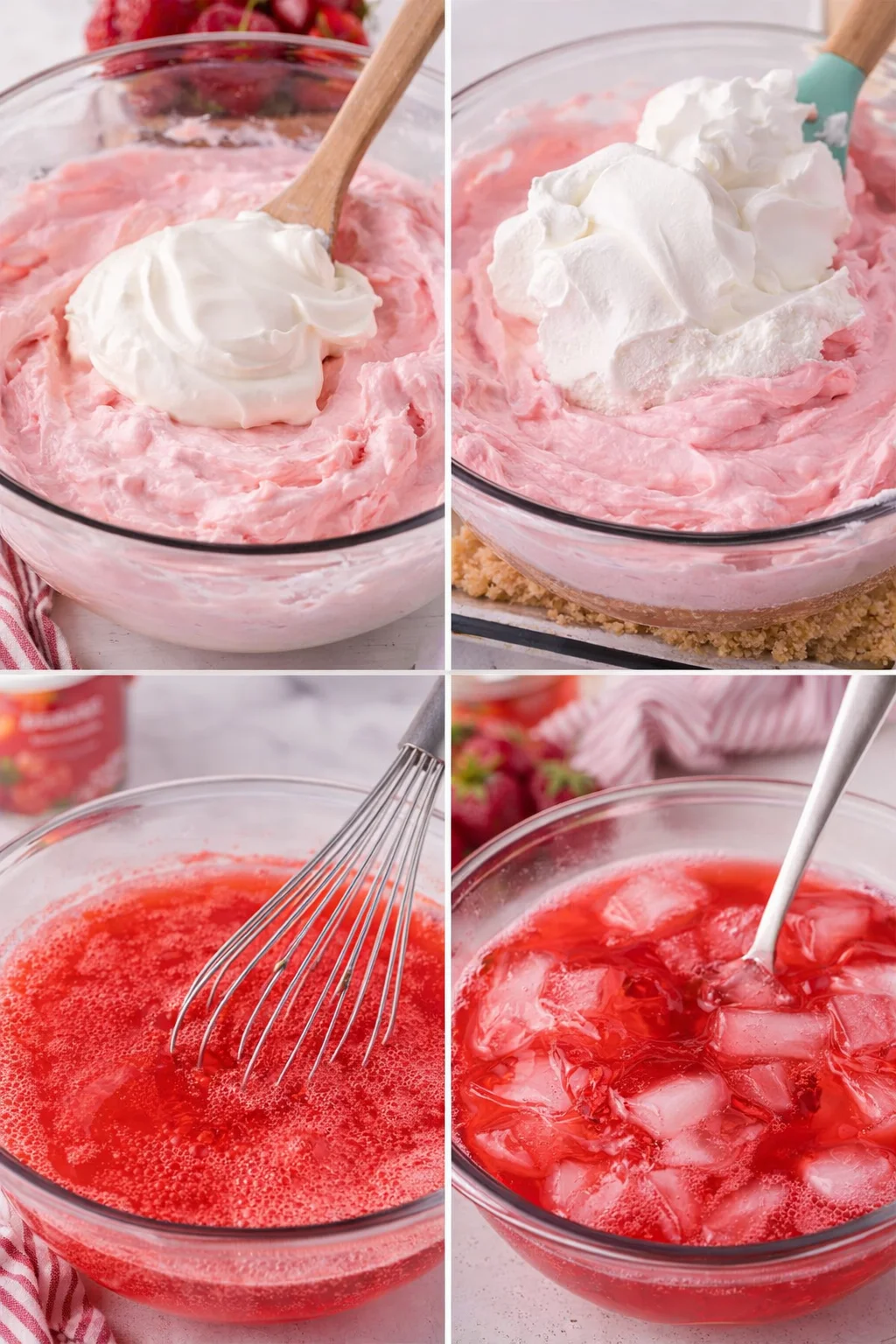 Mixing bowl of smooth cheesecake mixture receiving folded whipped topping; separate bowl shows dissolved strawberry gelatin cooling.