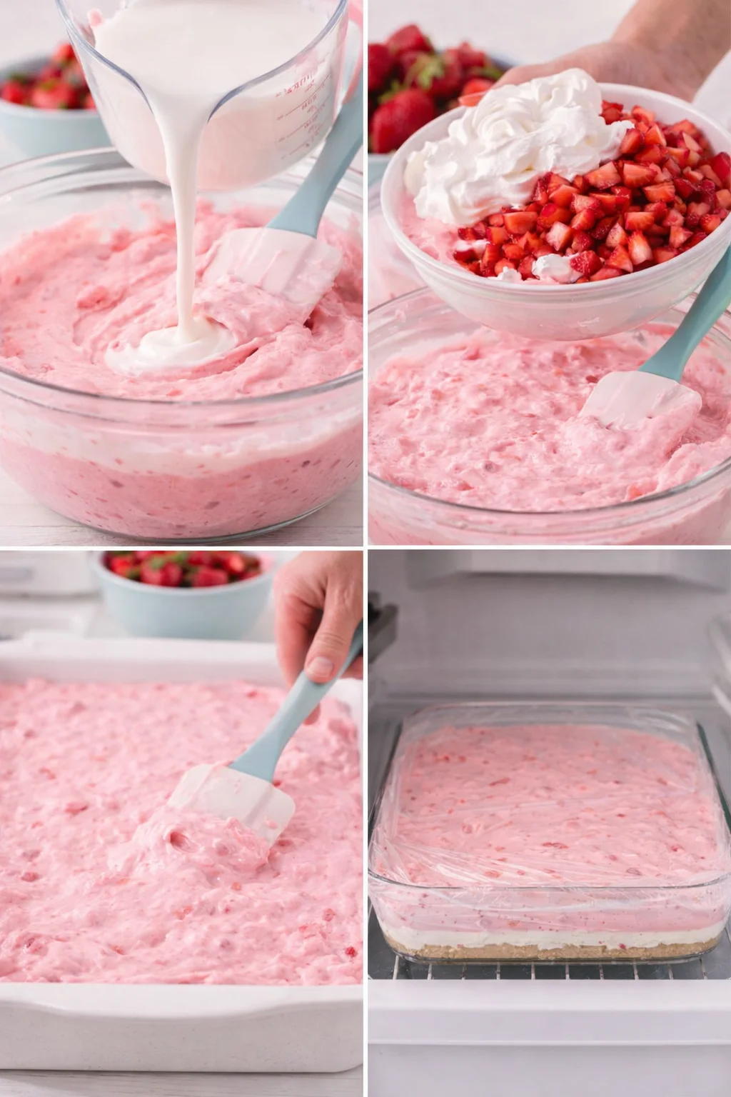 Hand spreading pink strawberry‑gelatin mixture with chopped berries evenly over the cheesecake layer in the pan.