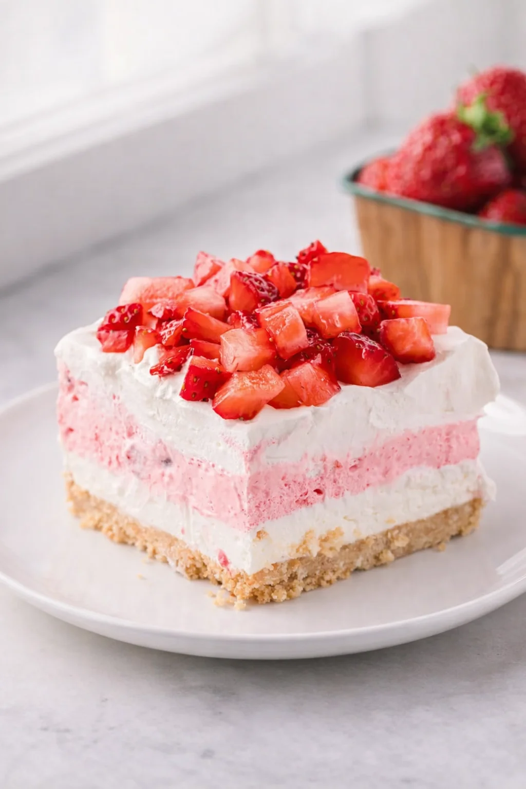 Final plated Strawberry Lasagna served as a hero shot