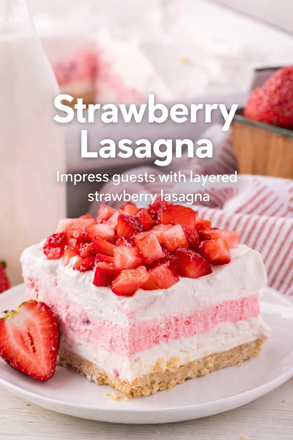 Pinterest-style image for Strawberry Lasagna with centered text overlay