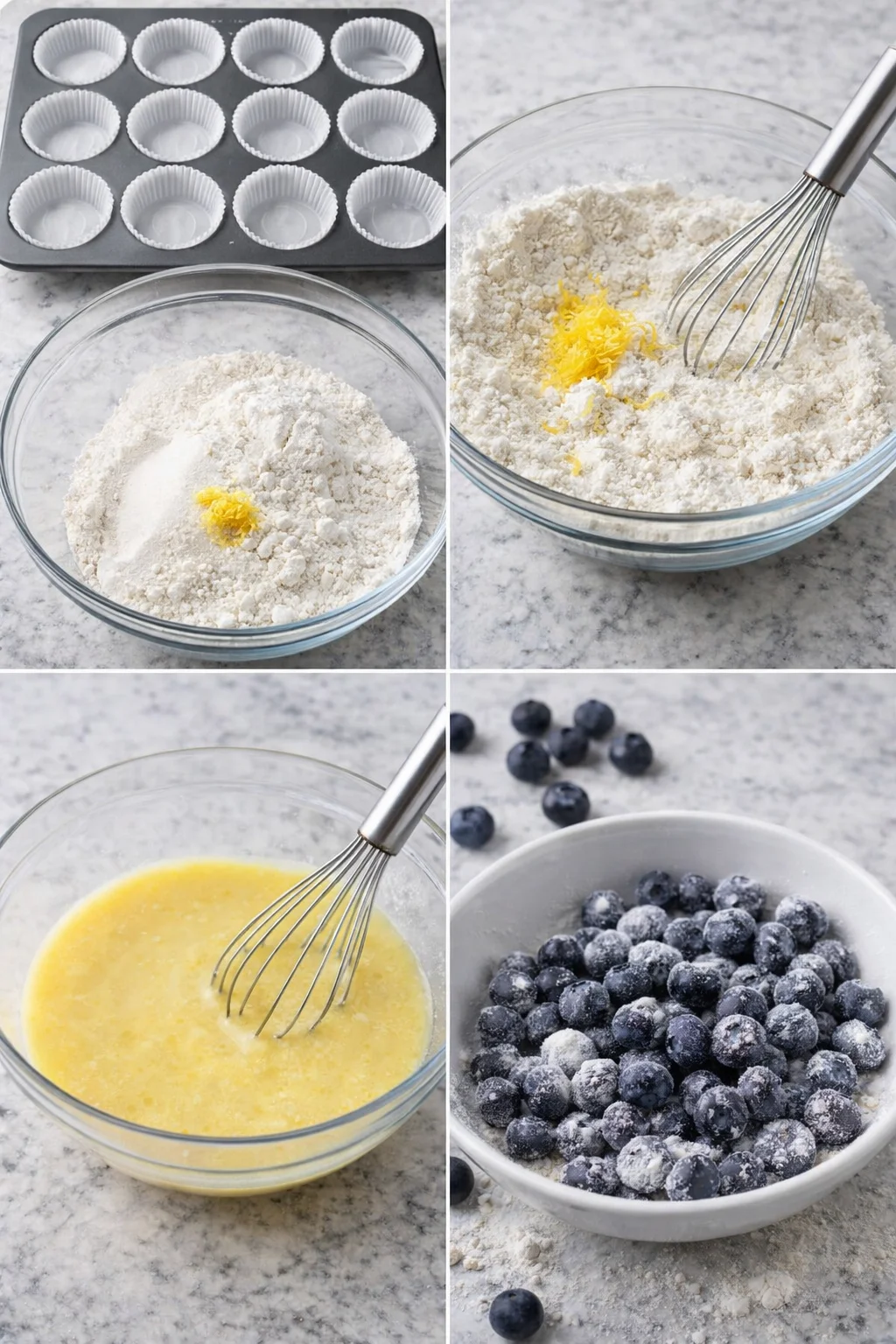 Muffin tin lined with paper liners; bowls show dry mix with lemon zest, wet ingredients, floured blueberries.