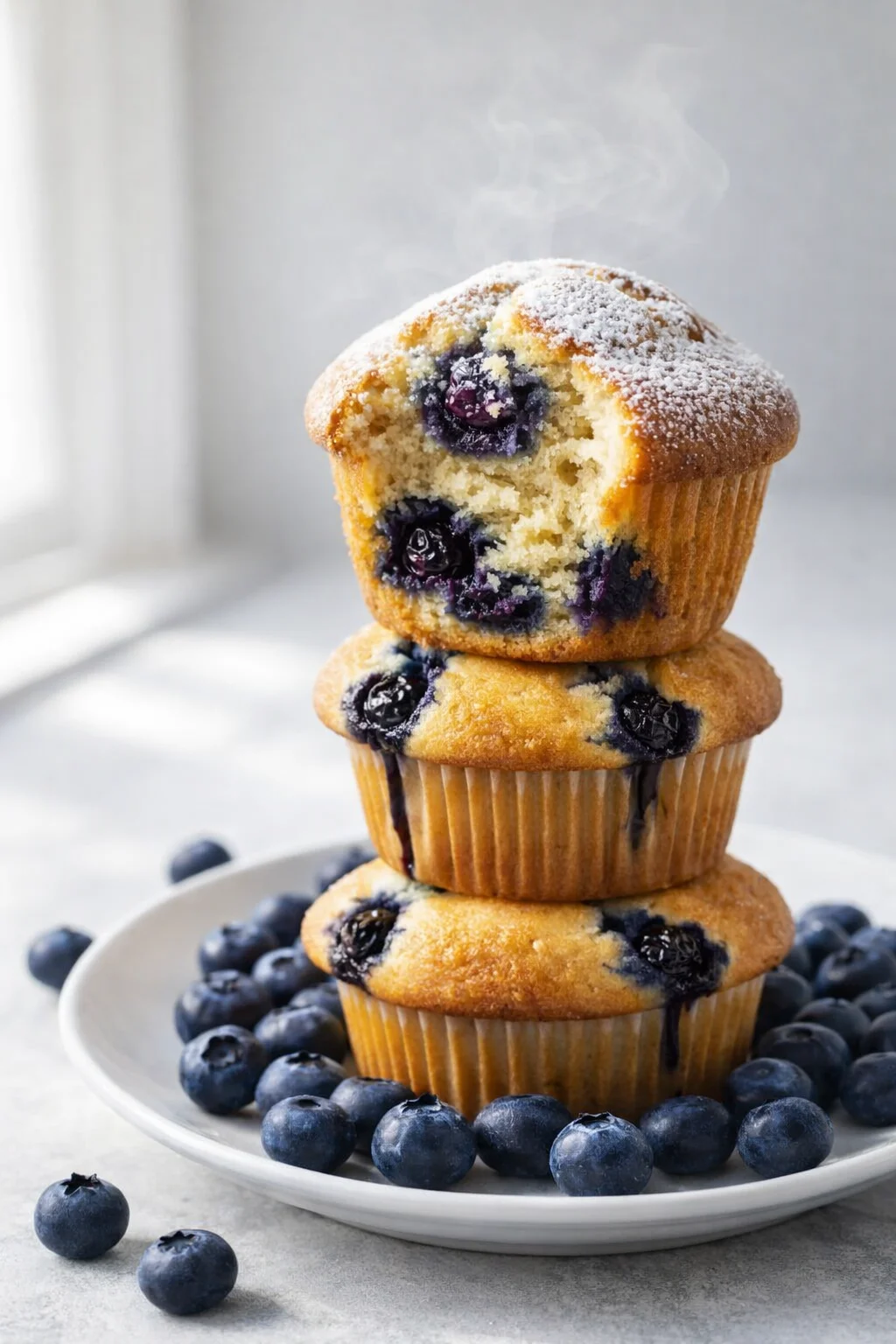 Final plated Moist Blueberry Muffins served as a hero shot