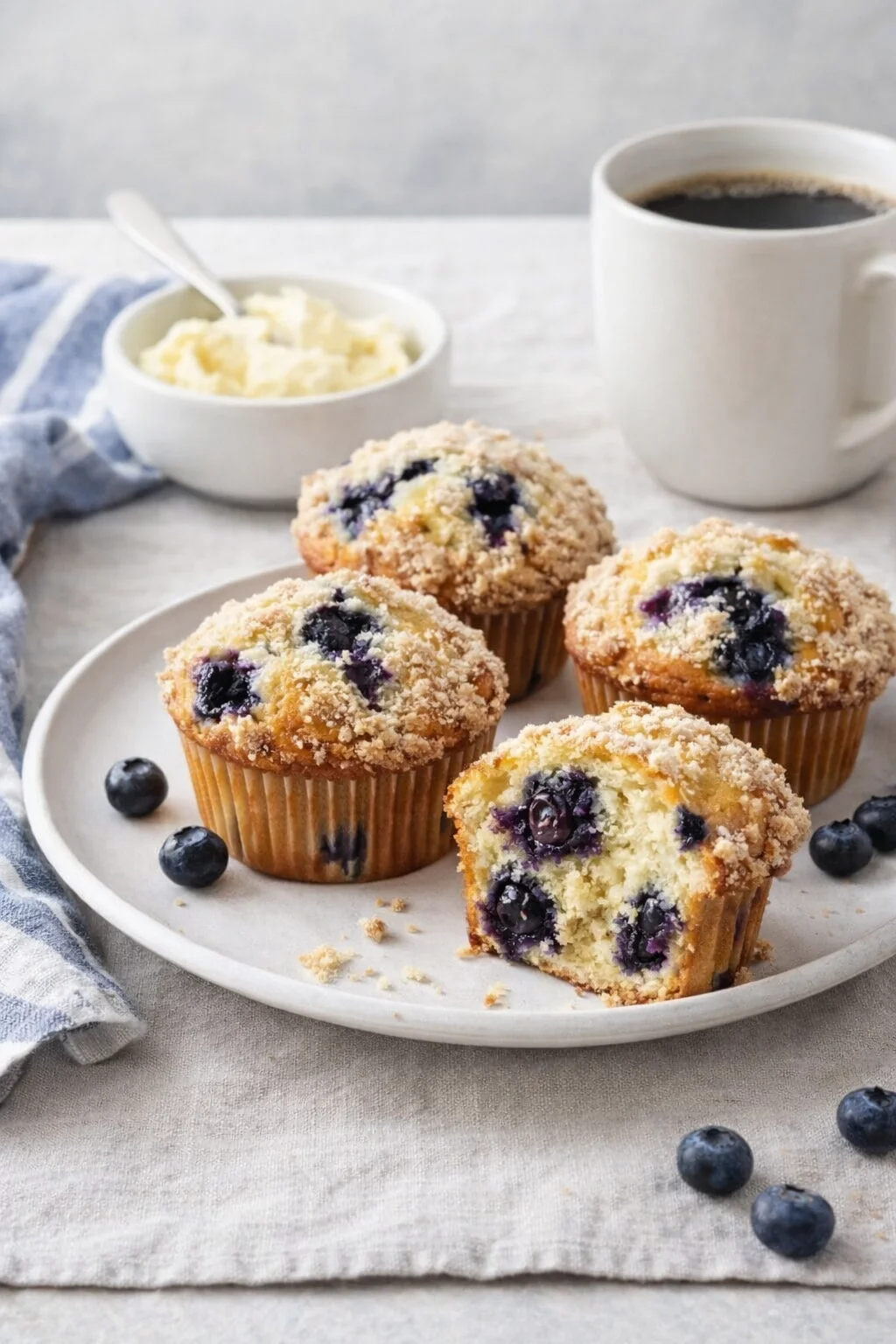 Alternative angle of Moist Blueberry Muffins served with a pairing