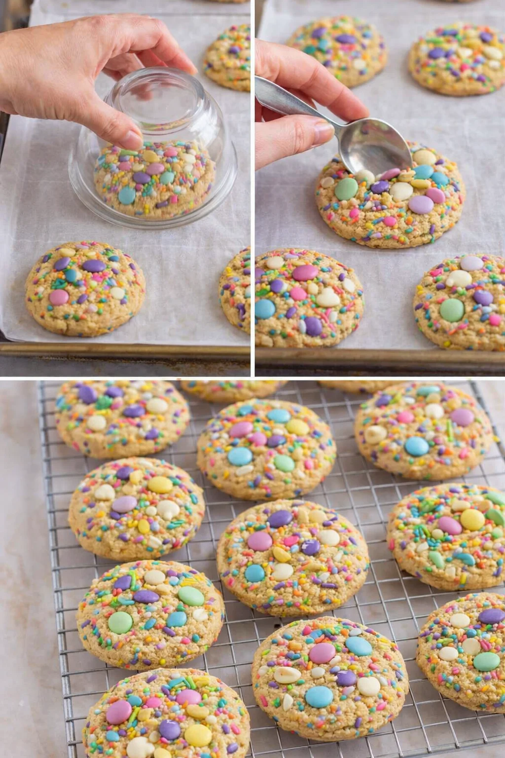 step-process-placeholder-13-15.png Warm cookies being nudged into round shapes and topped with extra M&M's, cooling on wire rack.