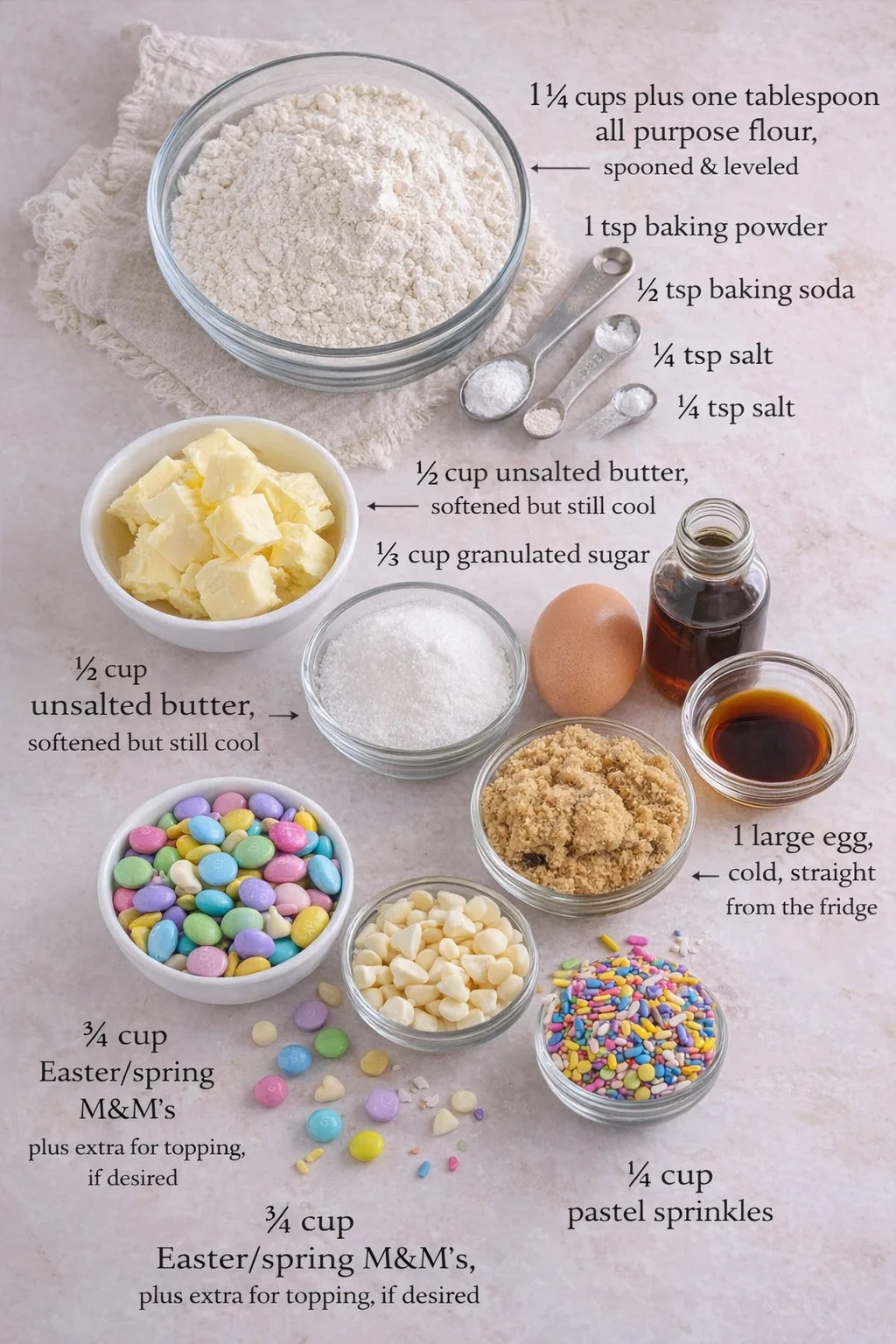 ingredients-placeholder.png Measured ingredients arranged for Easter Cookies: 1½ cups plus one tablespoon all purpose flour, spooned and leveled, 1 teaspoon baking powder, ½ teaspoon baking soda, ¼ teaspoon salt, ½ cup unsalted butter, softened but