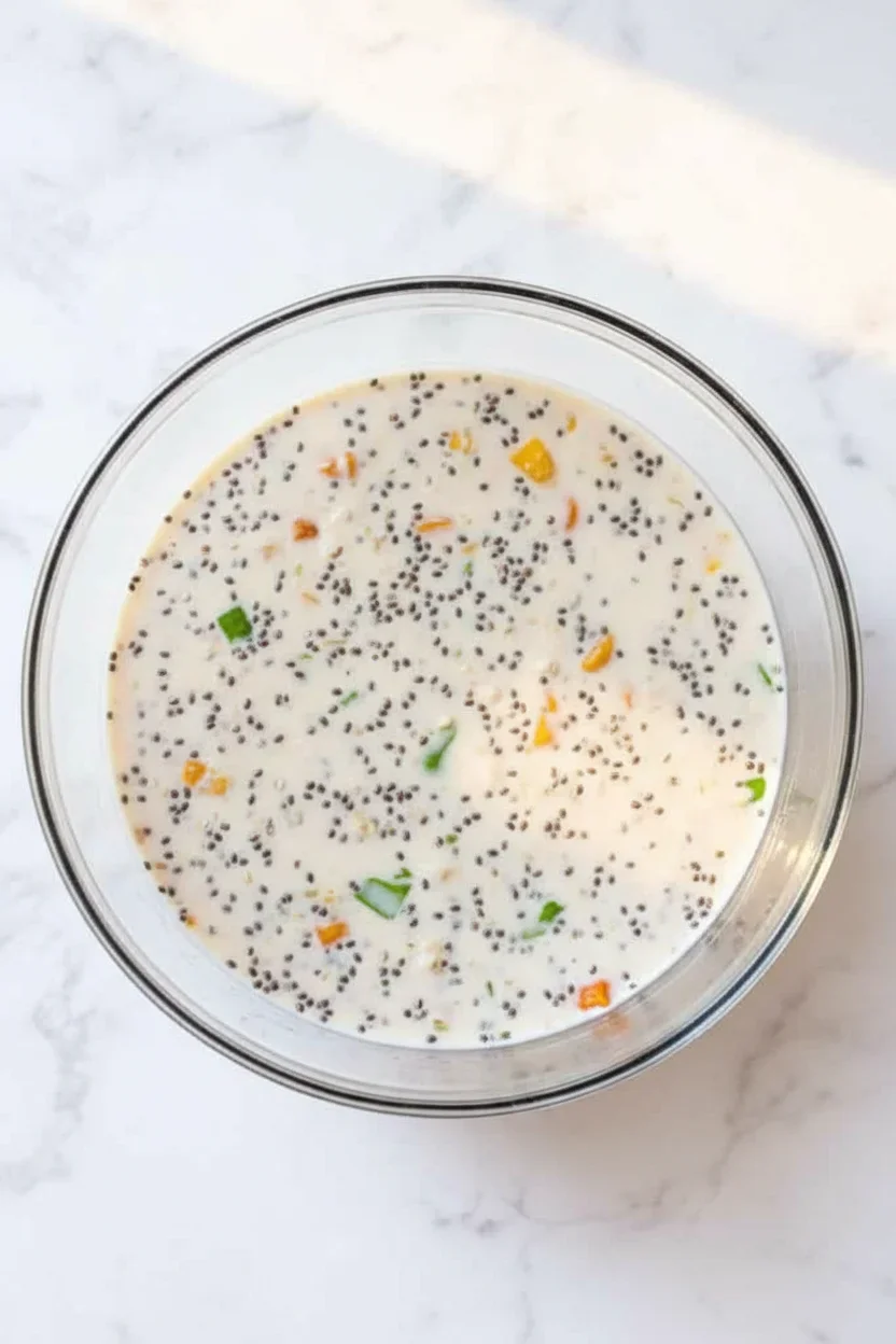 A glass bowl filled with chia seed pudding with small black seeds and bits of fruit or vegetables, viewed from above.