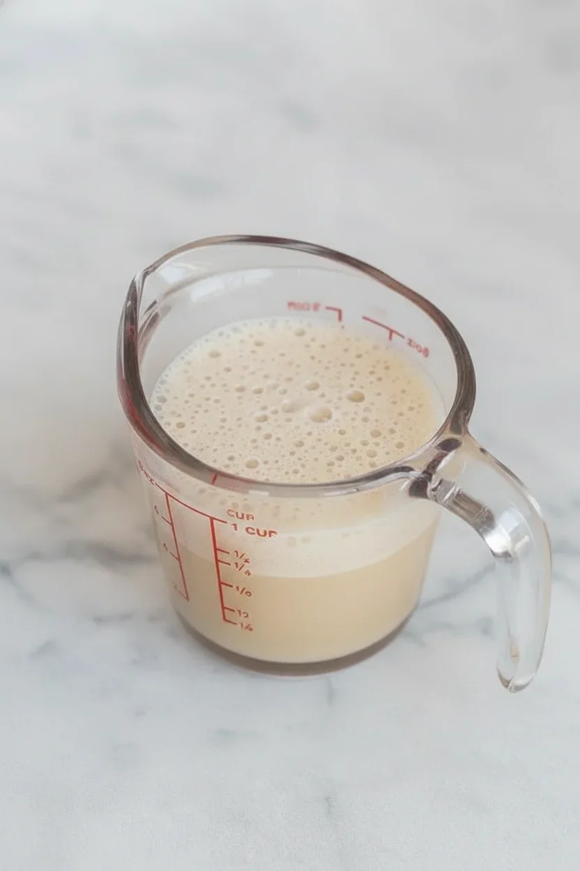 Clear glass measuring cup filled with a frothy, beige liquid on a white marble surface.