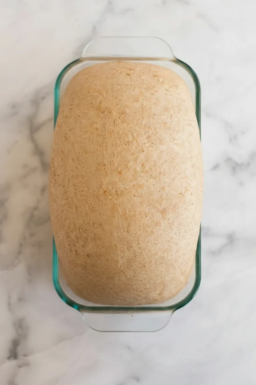 Loaf of bread dough in a glass baking dish on a white marble surface, ready for baking.