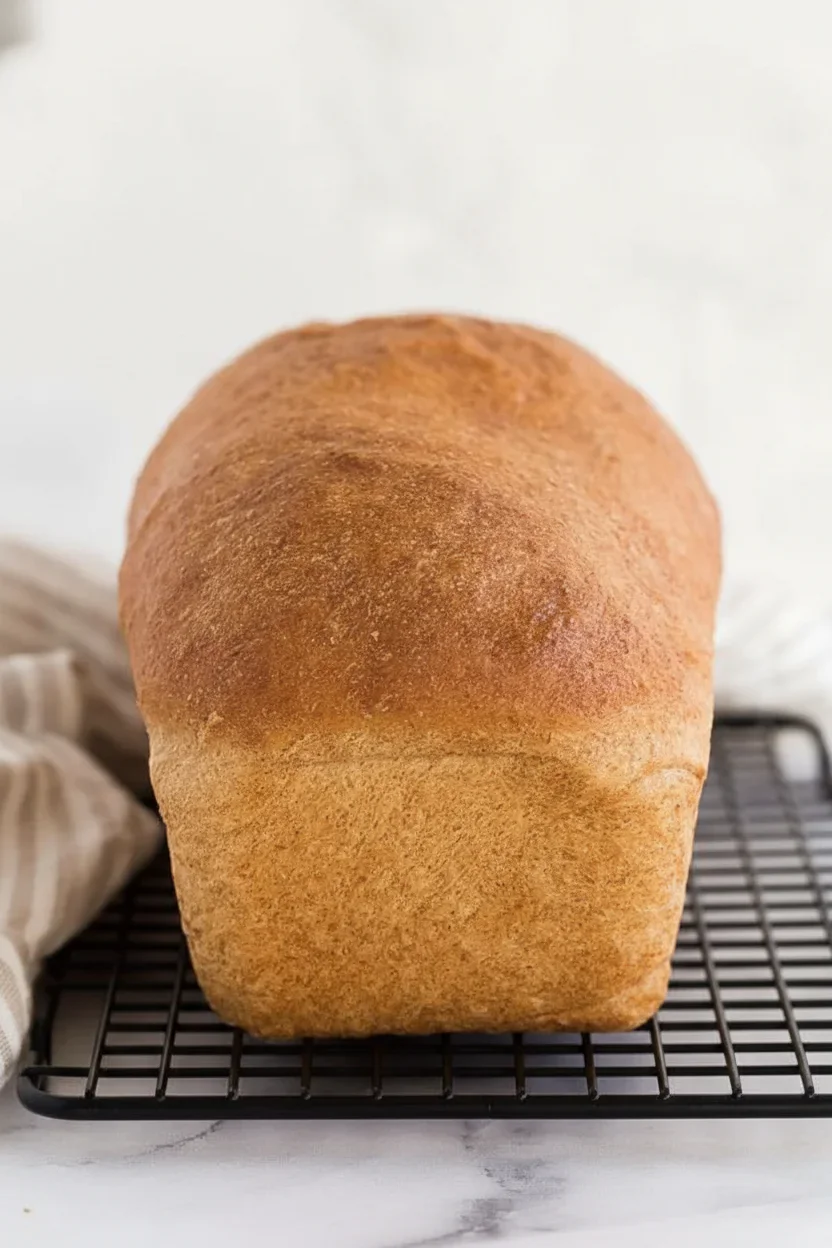 Golden-brown loaf of bread on a black cooling rack with a light background and soft lighting.