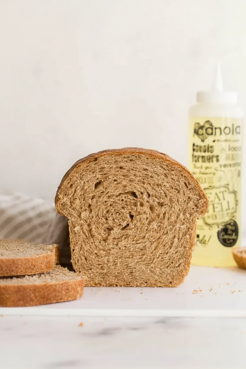 Close-up of a slice of whole wheat bread with a soft crumb and darker crust, on a white surface.
