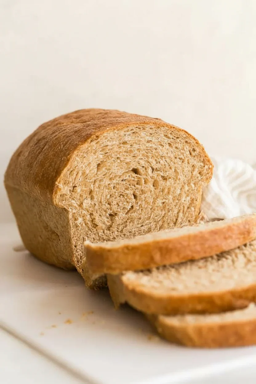A loaf of freshly baked bread with a golden crust, partially sliced to show its soft interior.