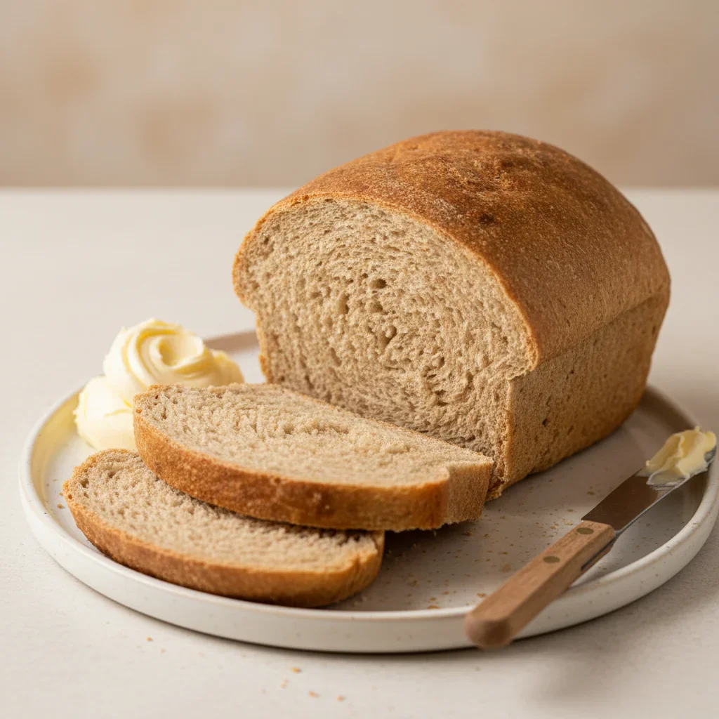A loaf of freshly baked bread with slices cut, showing a soft interior and golden crust, with butter beside it.